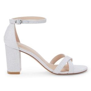 Stuart Weitzman “Nearly Nude” Block Heel Glitter Sandals